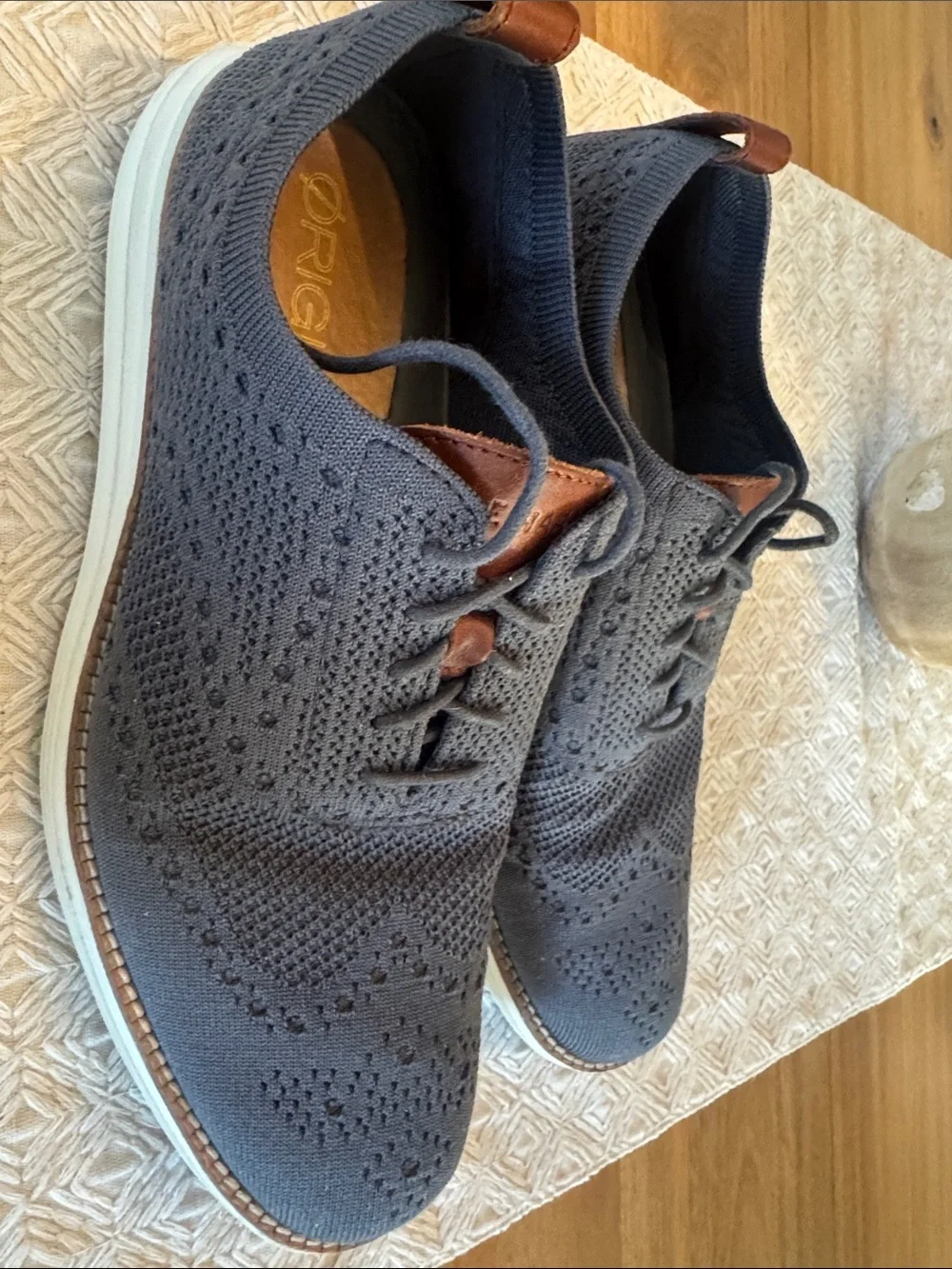 Cole Haan Gray Knit Lace-Up Oxfords with Brown Leather Accents